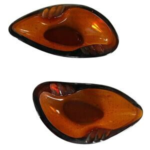 Excellent Condition 2 Matching MCM Amber Kidney Shaped Ashtrays
